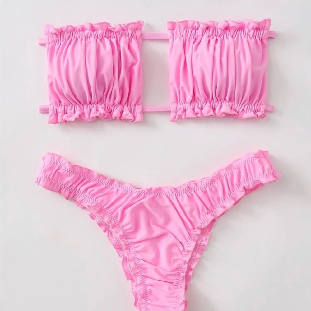 New Shein Ruched Lettuce Trim Bandeau Bikini Pink